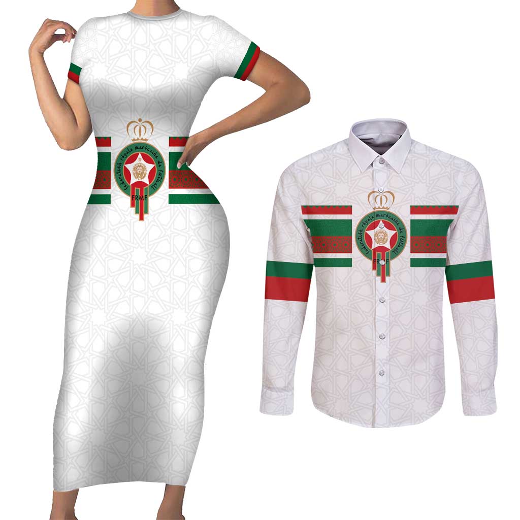 Custom Morocco Football Couples Matching Short Sleeve Bodycon Dress and Long Sleeve Button Shirt The Roar of Atlas Lions