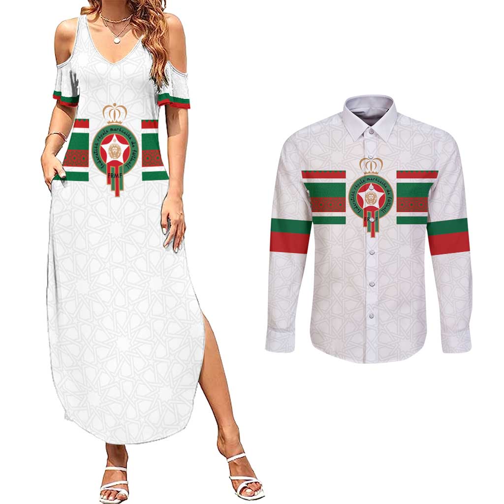 Custom Morocco Football Couples Matching Summer Maxi Dress and Long Sleeve Button Shirt The Roar of Atlas Lions