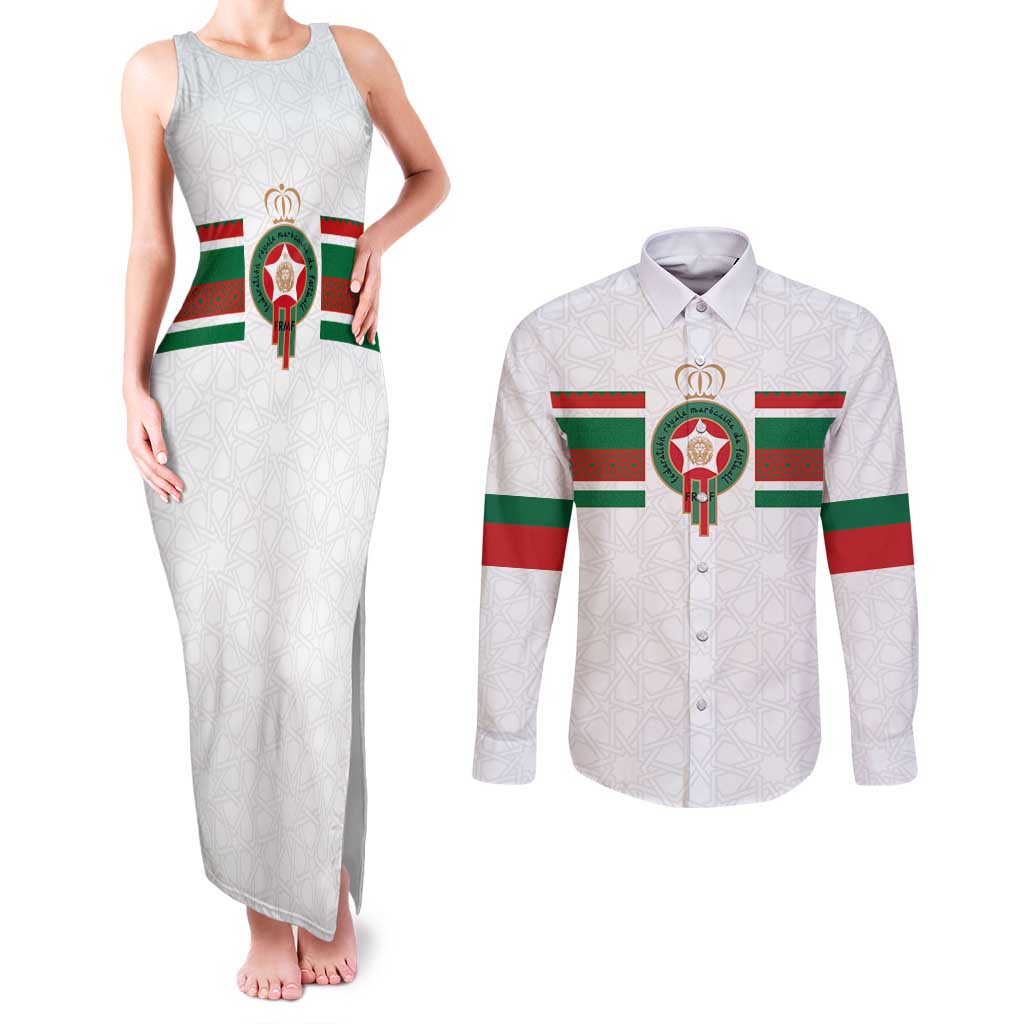 Custom Morocco Football Couples Matching Tank Maxi Dress and Long Sleeve Button Shirt The Roar of Atlas Lions