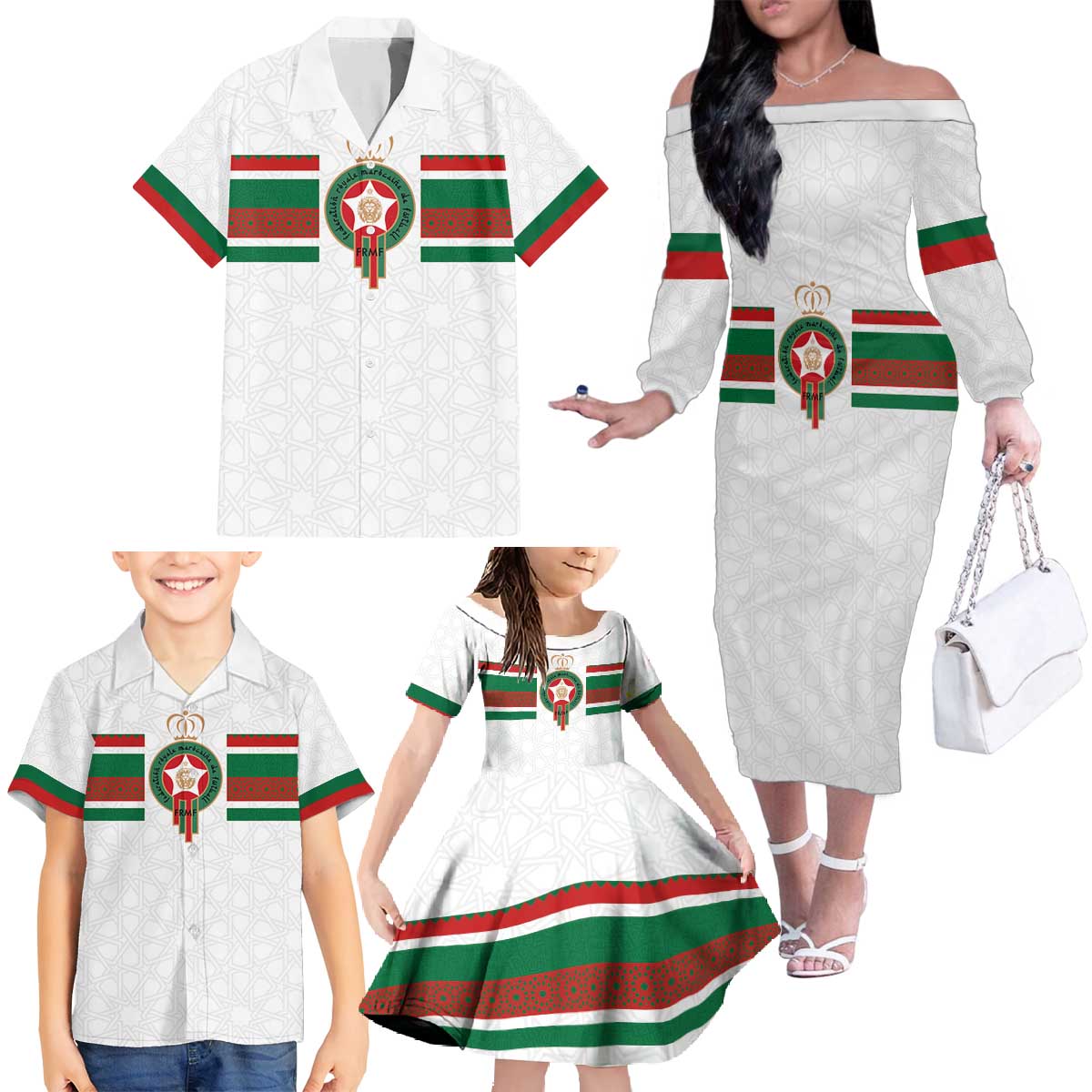 Custom Morocco Football Family Matching Off The Shoulder Long Sleeve Dress and Hawaiian Shirt The Roar of Atlas Lions