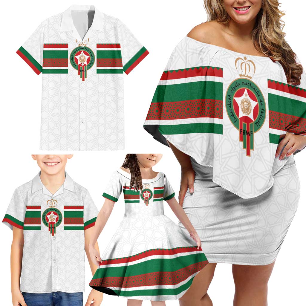 Custom Morocco Football Family Matching Off Shoulder Short Dress and Hawaiian Shirt The Roar of Atlas Lions