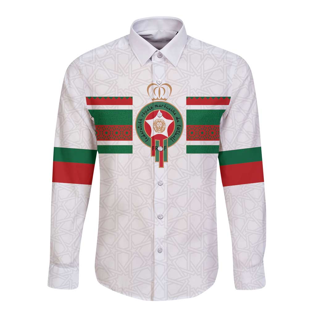 White long-sleeve button shirt with Moroccan flag stripes and center crest logo