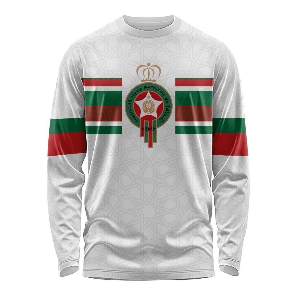 White long-sleeve football shirt with Morocco flag sleeves and crest graphic on chest
