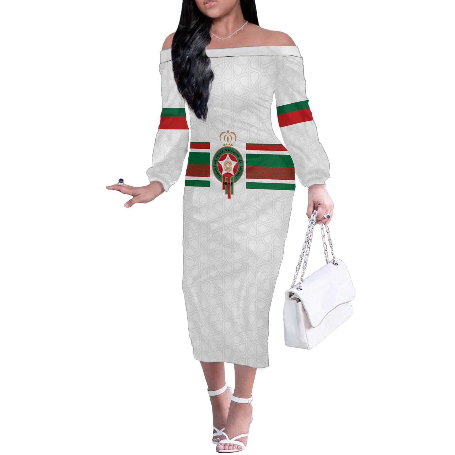 Custom Morocco Football Off The Shoulder Long Sleeve Dress The Roar of Atlas Lions - Wonder Print Shop