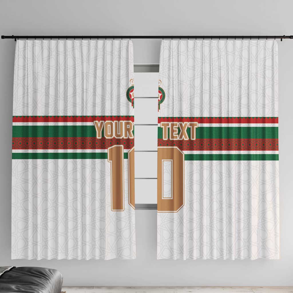 White window curtain pair with custom text and green red horizontal stripe design.