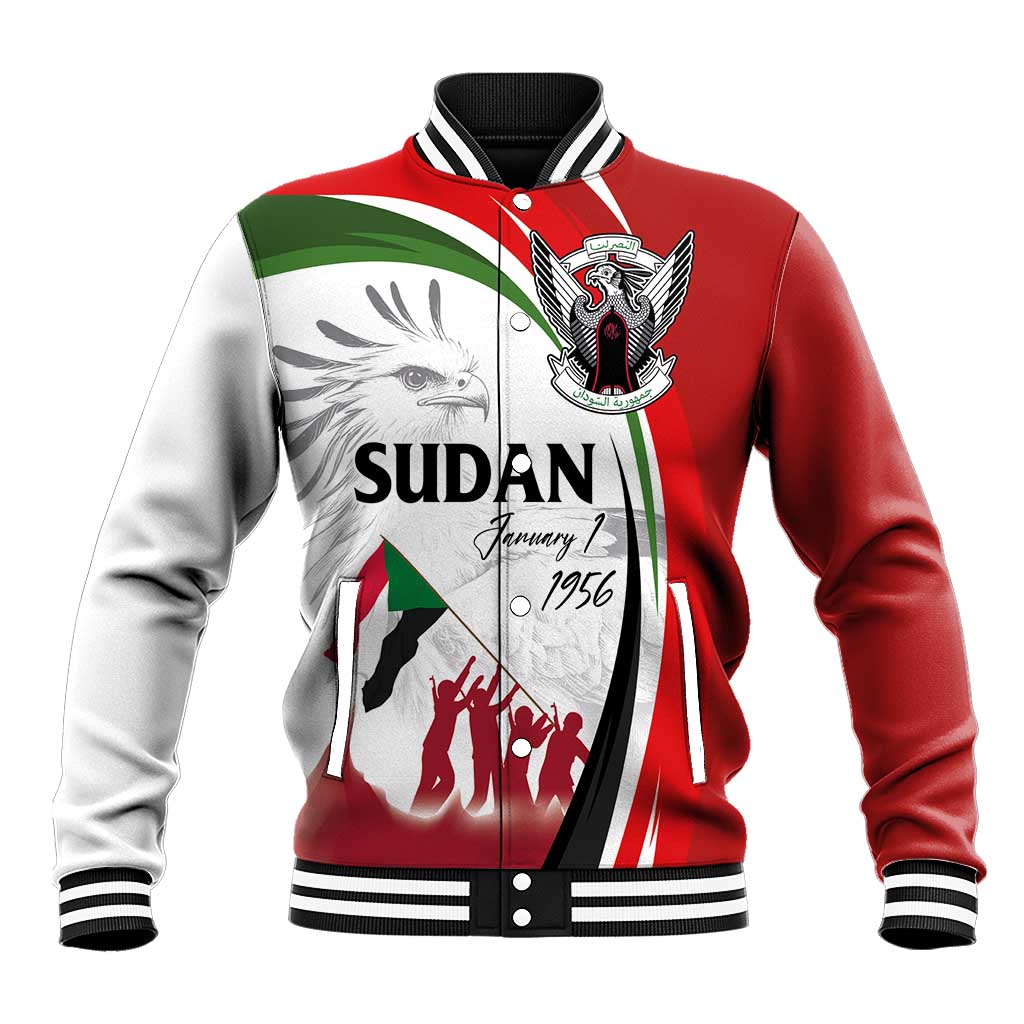 Red and white baseball jacket with green stripe, striped ribbed collar, and front graphic