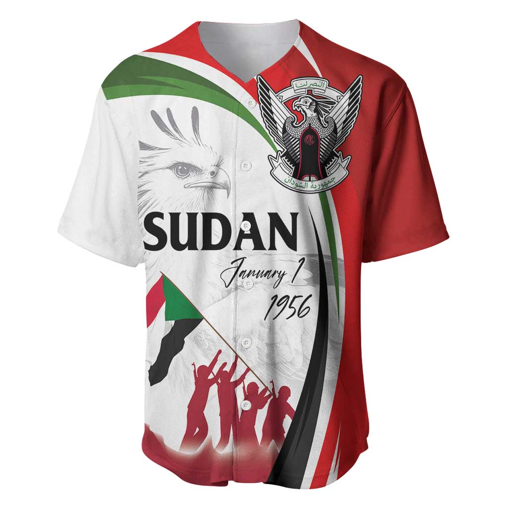 White, red, and green baseball jersey with Sudan graphic and January 1, 1956 text