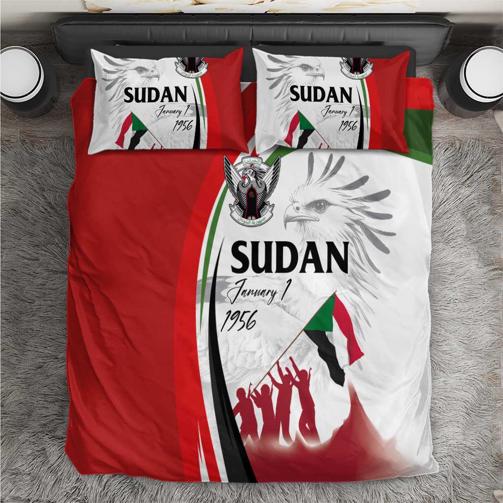 Red, white and green Sudan flag bedding set with emblem and crowd graphics on duvet