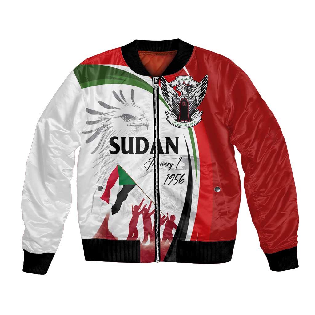 Unisex bomber jacket with red and white panels, black rib trim, front zipper, Sudan graphic