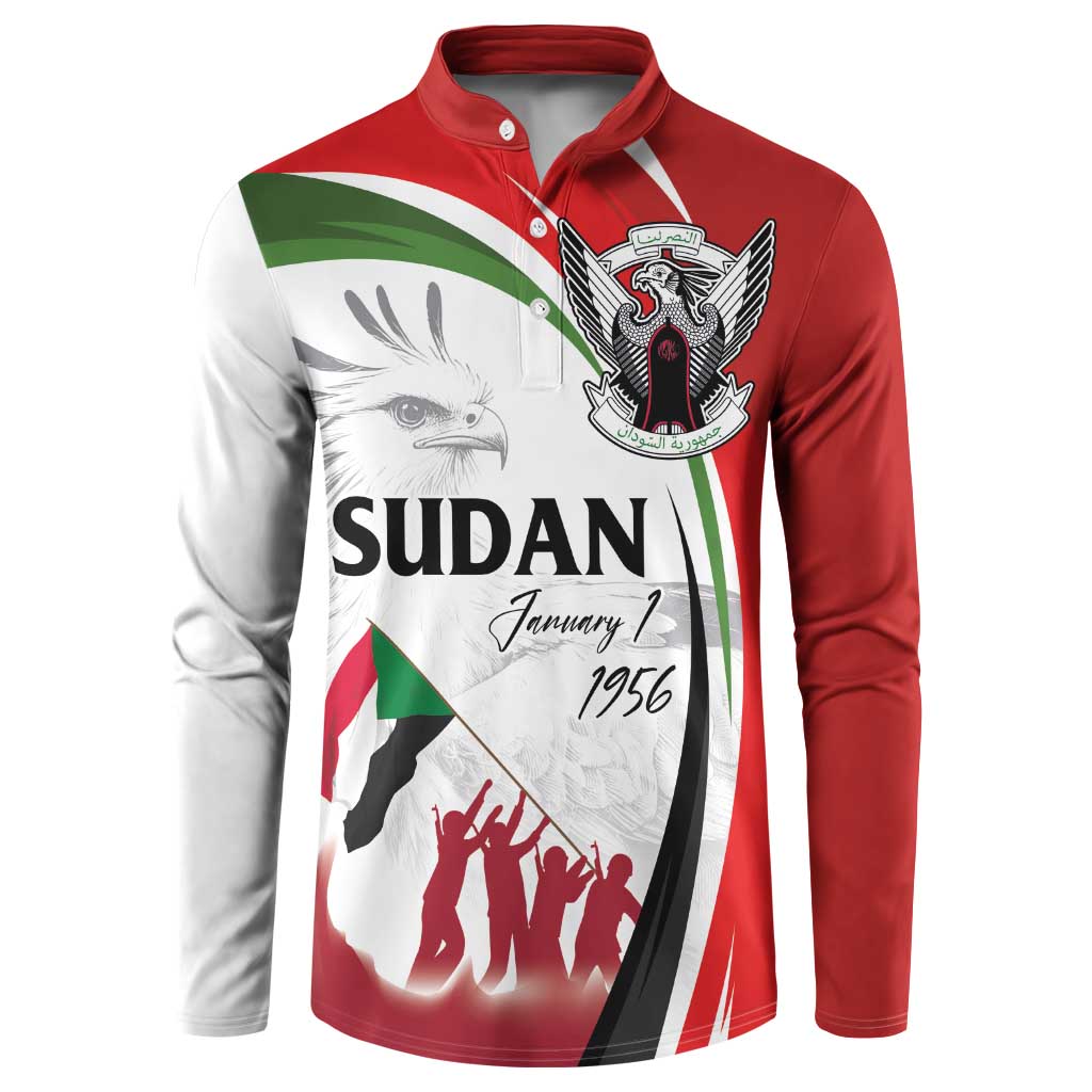 Red, white, and green button-front sweatshirt with eagle and Sudan graphic on chest