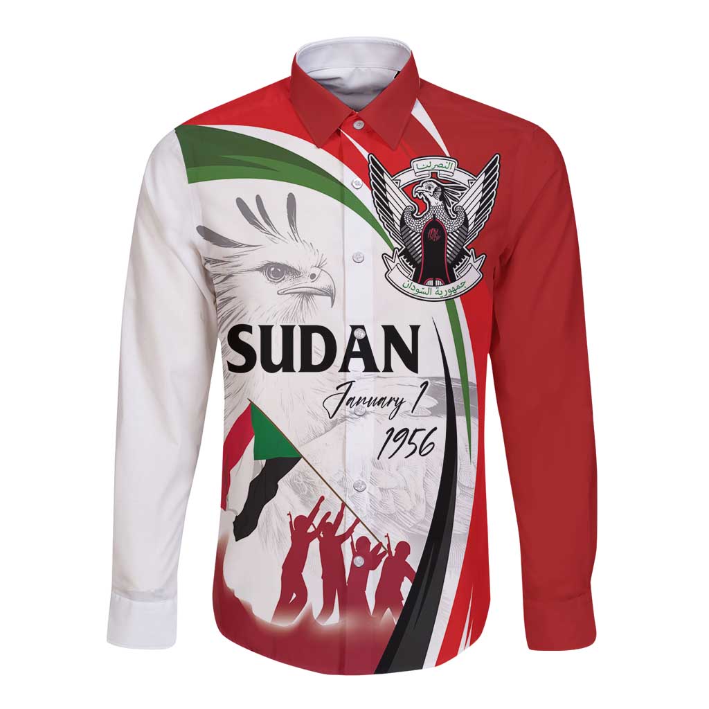 Long sleeve button shirt with white and red Sudan flag graphic, crest and “SUDAN” text.