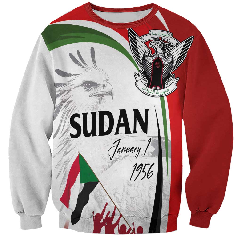 Unisex sweatshirt with Sudan eagle and flag print; white body, red sleeves