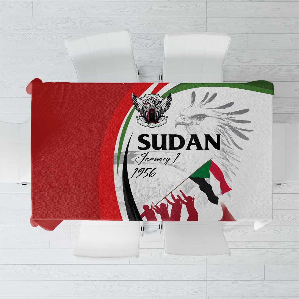 Square tablecloth with red and white design featuring Sudan text and flag graphic