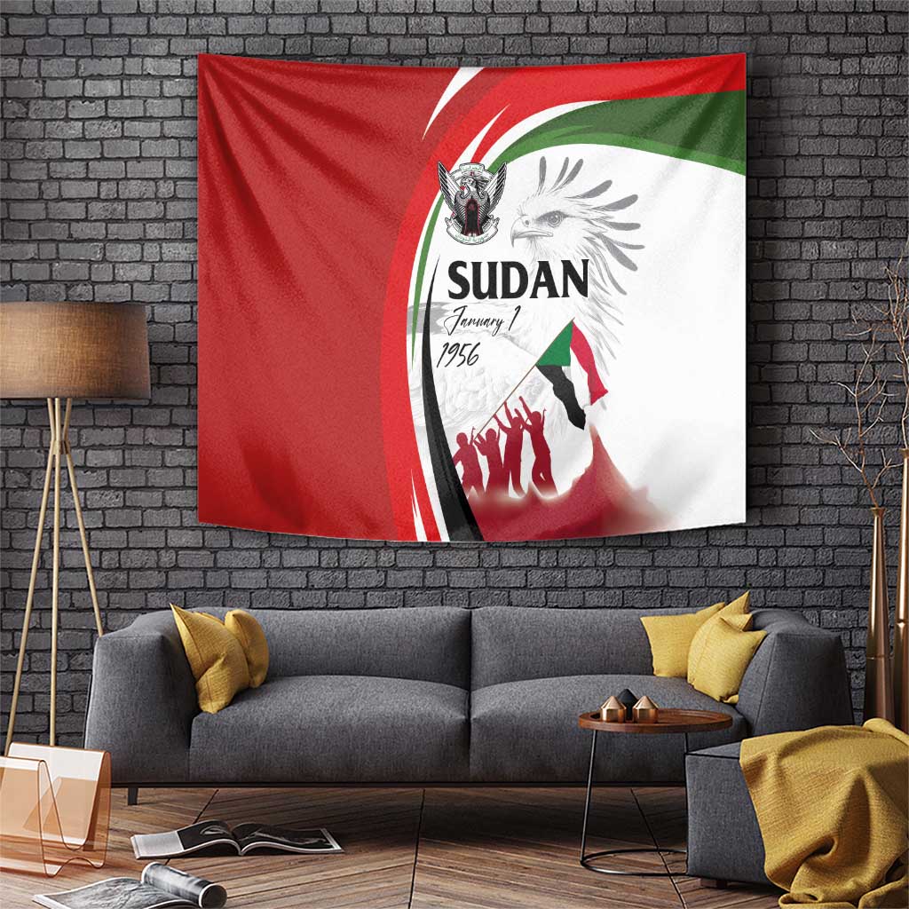 Sudan flag tapestry wall hanging with red, white, and green emblem and text