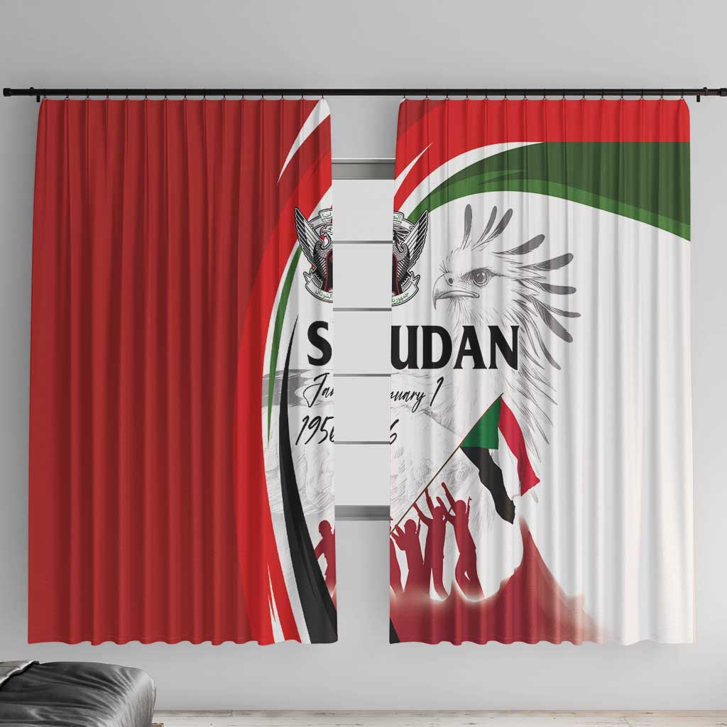 Sudan Independence Day window curtain, red and white printed design with Sudan emblem