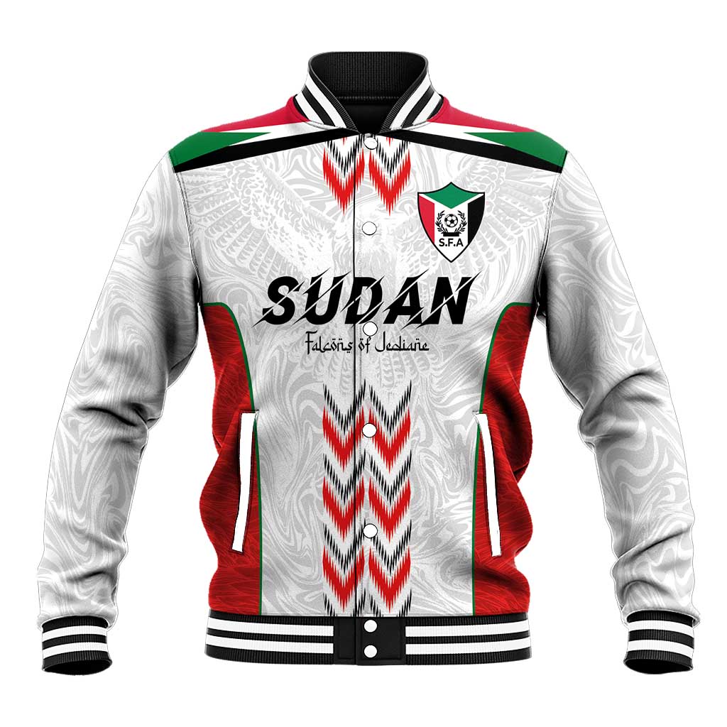 Unisex white football baseball jacket with red and green panels, zip front, ribbed cuffs