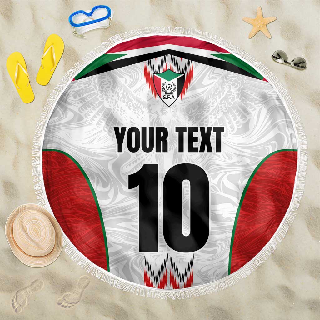 Round beach blanket, white with circular '10' jersey design and red green side panels, fringe