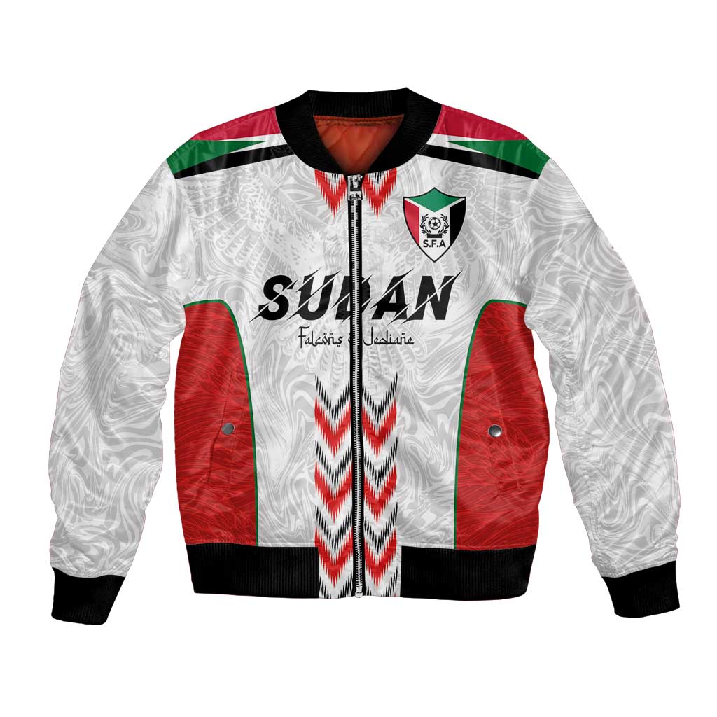 White satin-look bomber jacket with red and green panels, front zip, black ribbed cuffs