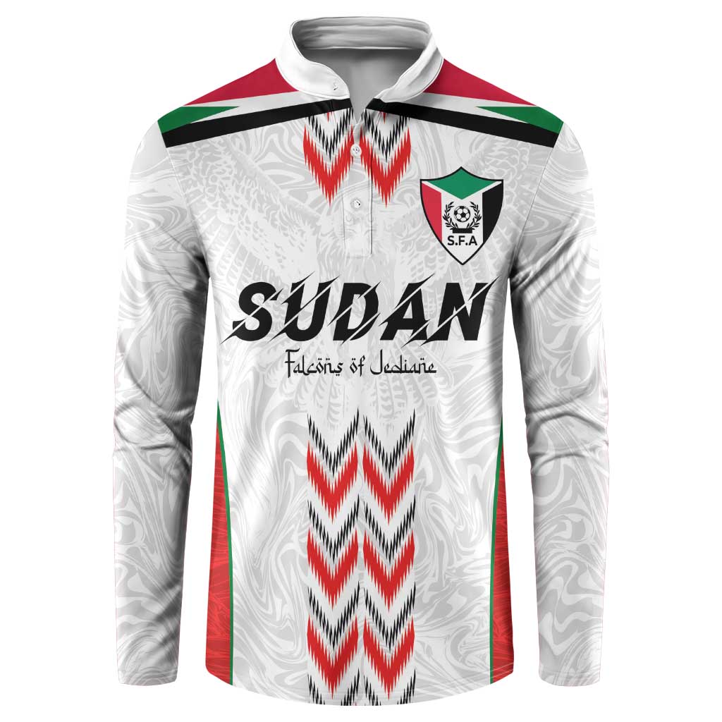 White button-up football sweatshirt with Sudan graphic, S.F.A badge, red/green trim