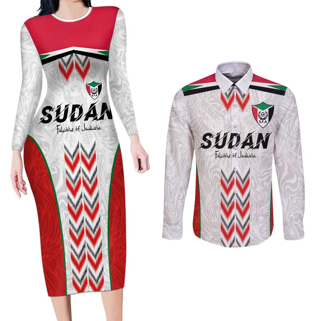 Custom Sudan Football Couples Matching Long Sleeve Bodycon Dress and Long Sleeve Button Shirt Falcons of Jediane - Wings of Victory - Wonder Print Shop