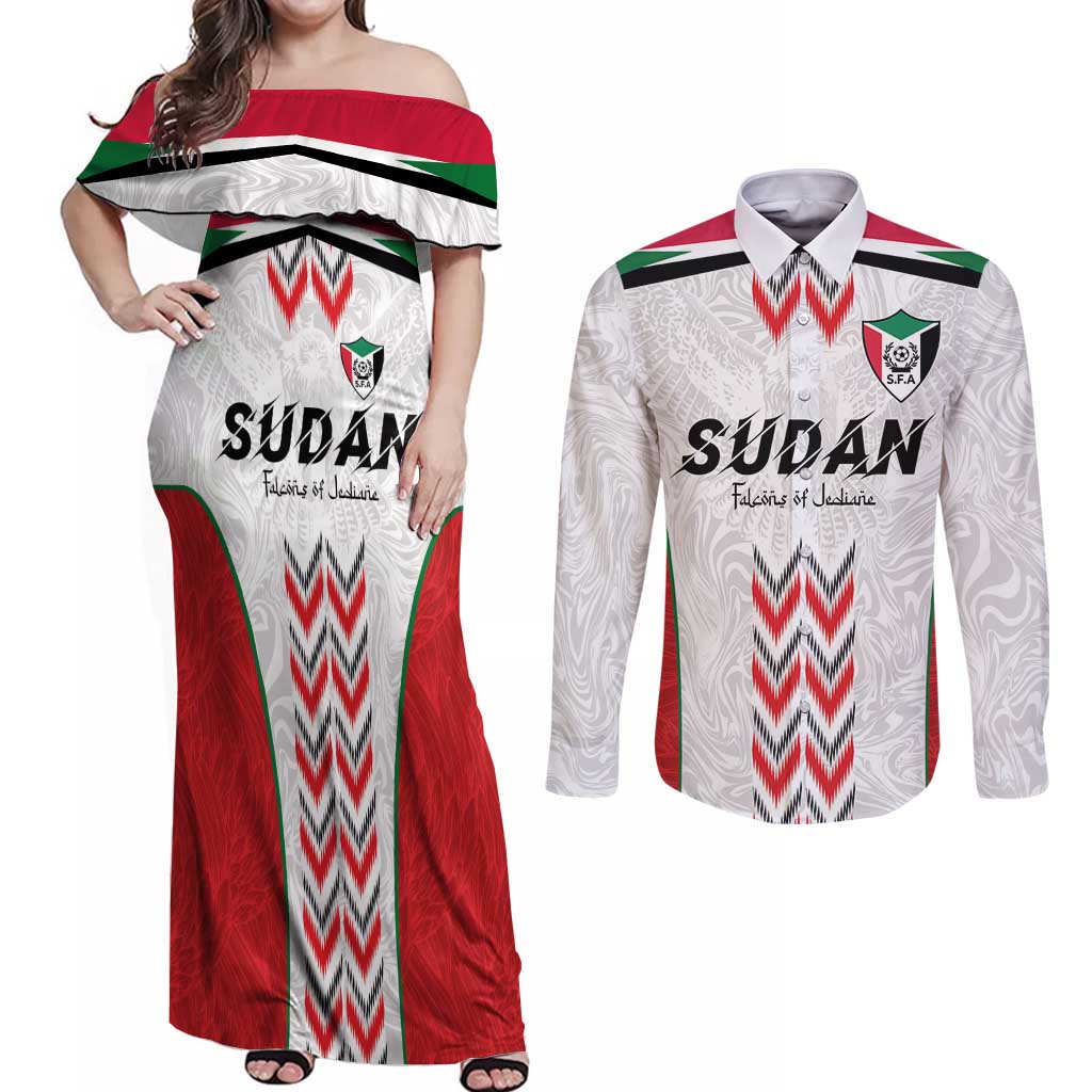 Custom Sudan Football Couples Matching Off Shoulder Maxi Dress and Long Sleeve Button Shirt Falcons of Jediane - Wings of Victory - Wonder Print Shop