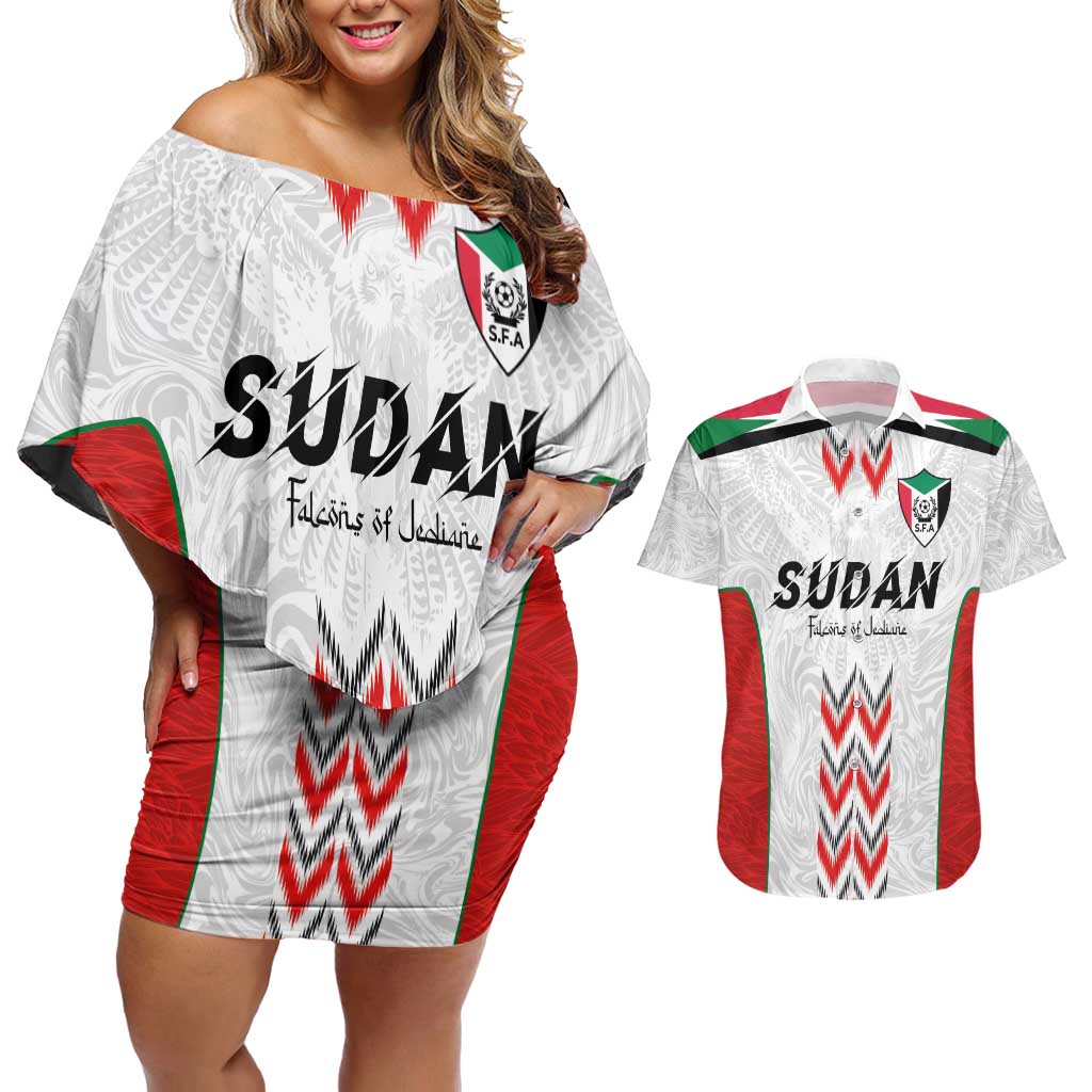 Custom Sudan Football Couples Matching Off Shoulder Short Dress and Hawaiian Shirt Falcons of Jediane - Wings of Victory - Wonder Print Shop