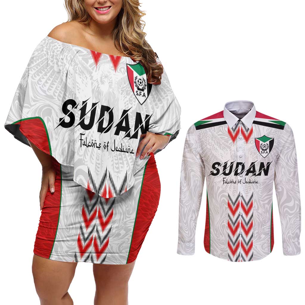 Custom Sudan Football Couples Matching Off Shoulder Short Dress and Long Sleeve Button Shirt Falcons of Jediane - Wings of Victory - Wonder Print Shop