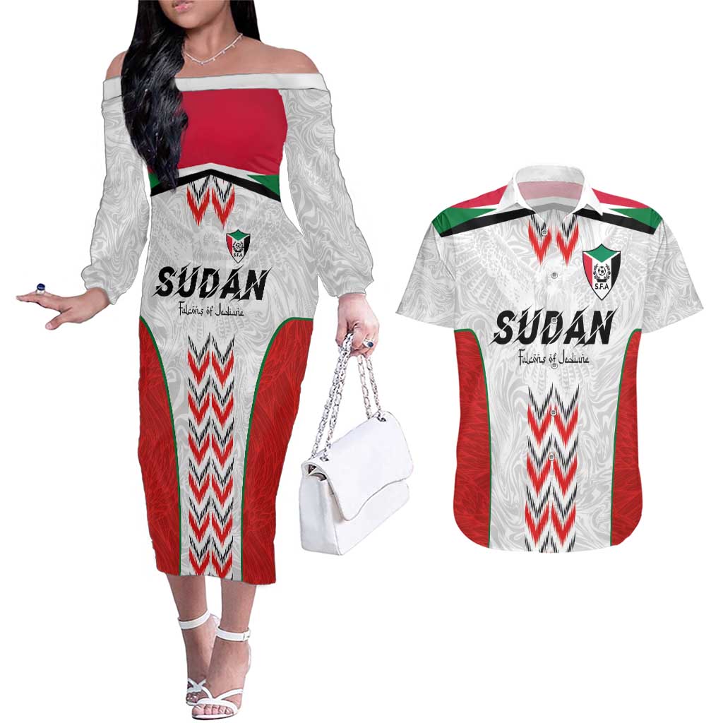 Custom Sudan Football Couples Matching Off The Shoulder Long Sleeve Dress and Hawaiian Shirt Falcons of Jediane - Wings of Victory - Wonder Print Shop