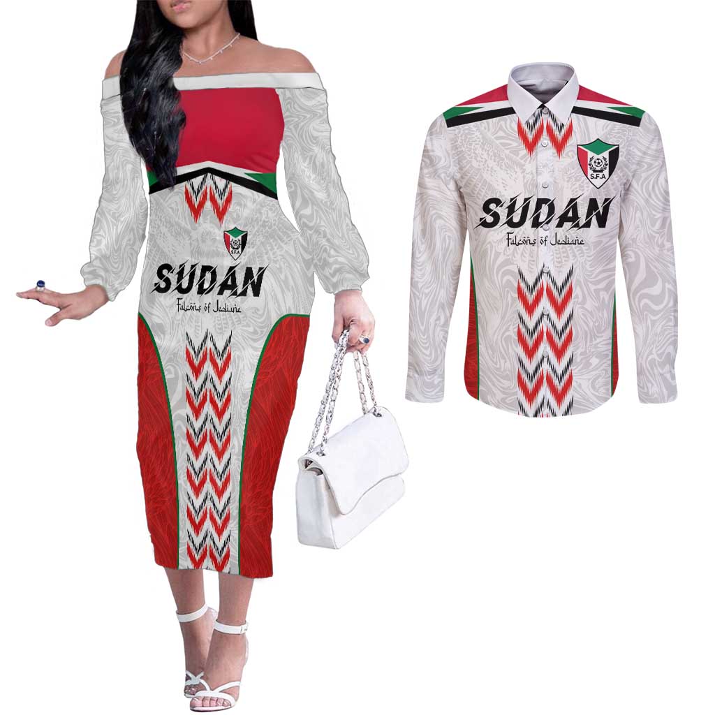 Custom Sudan Football Couples Matching Off The Shoulder Long Sleeve Dress and Long Sleeve Button Shirt Falcons of Jediane - Wings of Victory