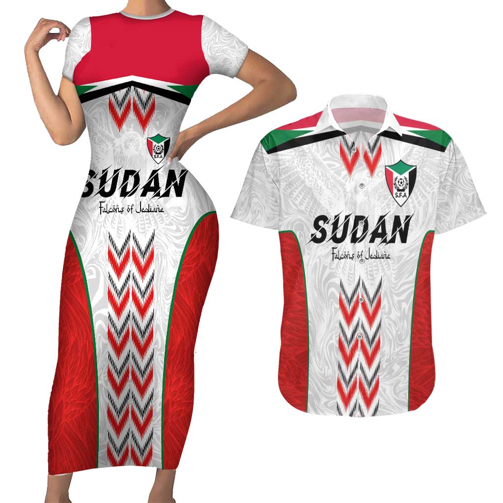 Custom Sudan Football Couples Matching Short Sleeve Bodycon Dress and Hawaiian Shirt Falcons of Jediane - Wings of Victory - Wonder Print Shop