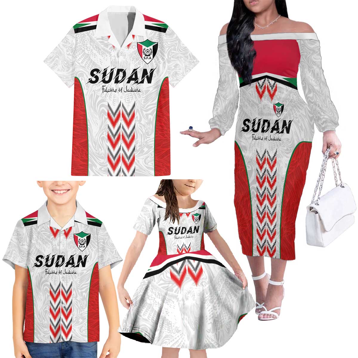 Custom Sudan Football Family Matching Off The Shoulder Long Sleeve Dress and Hawaiian Shirt Falcons of Jediane - Wings of Victory - Wonder Print Shop