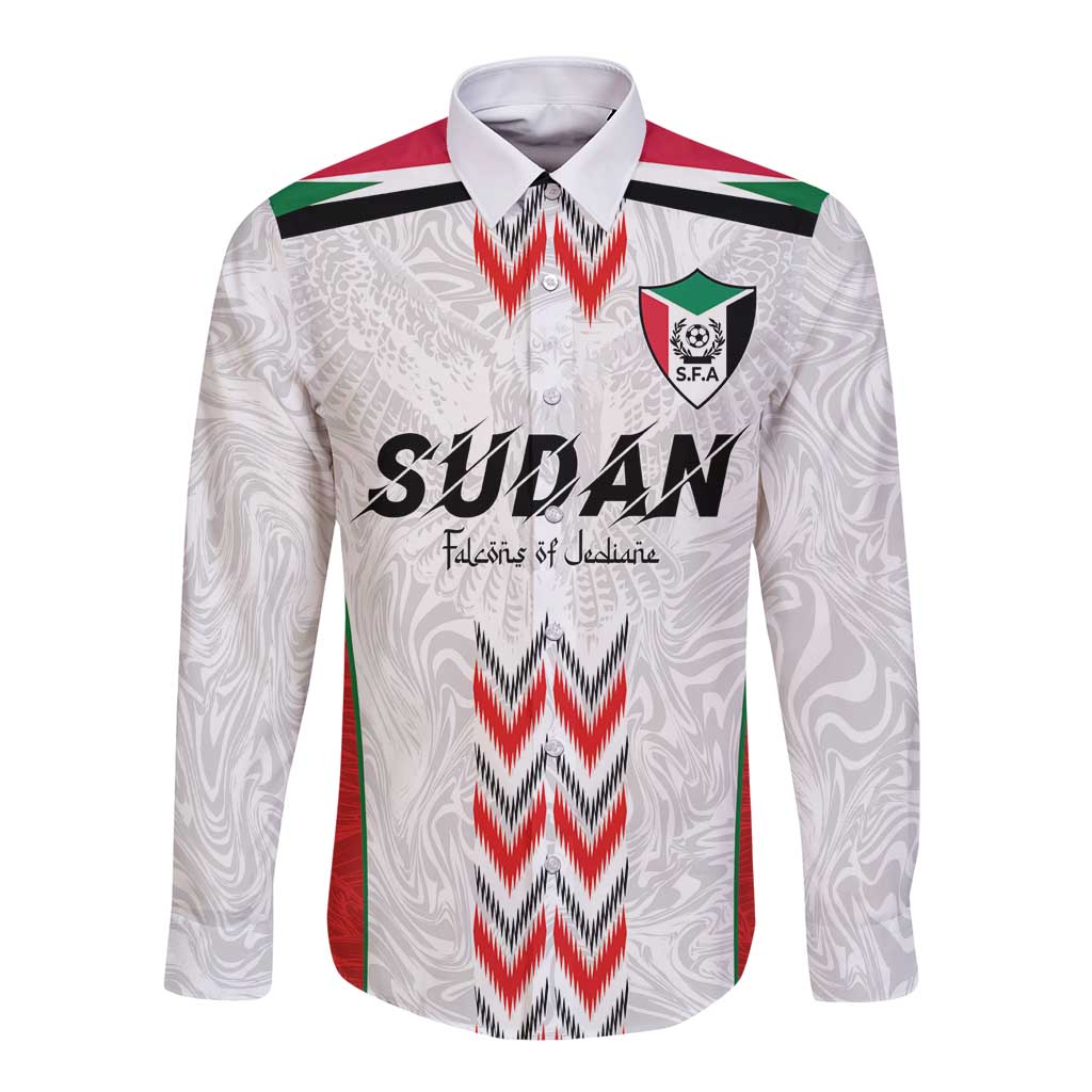 White long-sleeve button football shirt with front crest and Sudan Falcons graphic
