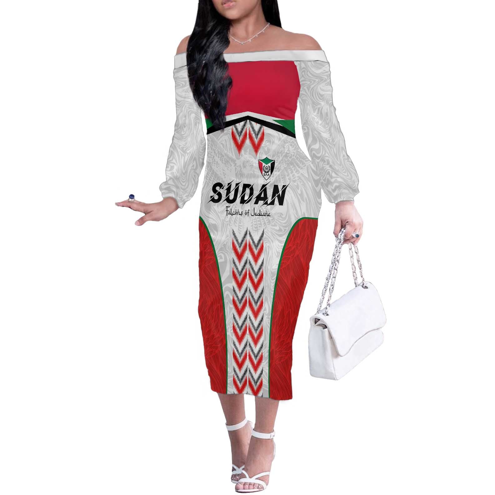 Custom Sudan Football Off The Shoulder Long Sleeve Dress Falcons of Jediane - Wings of Victory - Wonder Print Shop