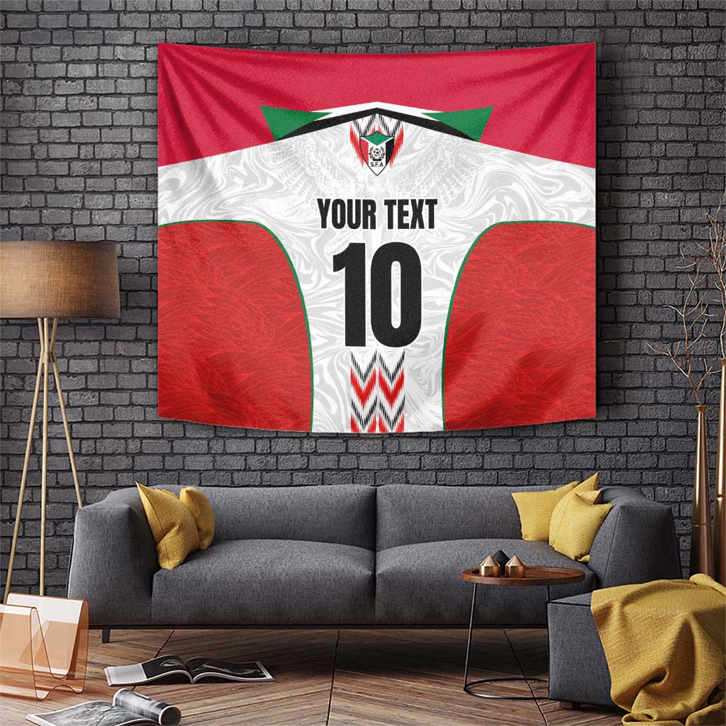 Custom football tapestry with red-and-white jersey graphic, green accents, "YOUR TEXT" and number 10.