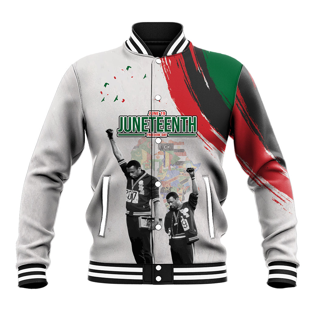 Light gray varsity baseball jacket with striped collar and red/green front graphic