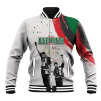 Light gray varsity baseball jacket with striped collar and red/green front graphic