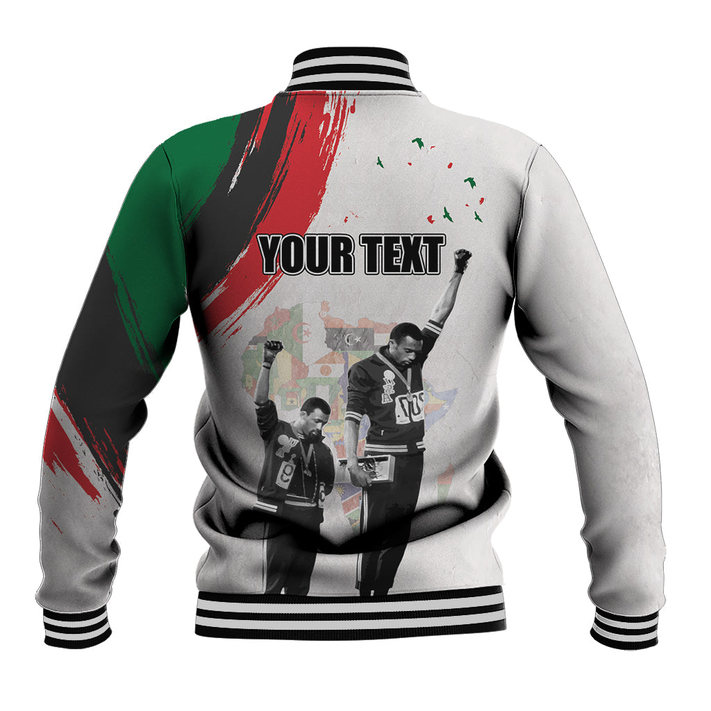 Light gray varsity baseball jacket with striped hem and back 'YOUR TEXT' print