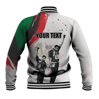 Light gray varsity baseball jacket with striped hem and back 'YOUR TEXT' print