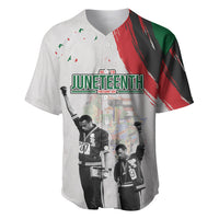 White baseball jersey with Juneteenth logo and black-and-white freedom salute graphic