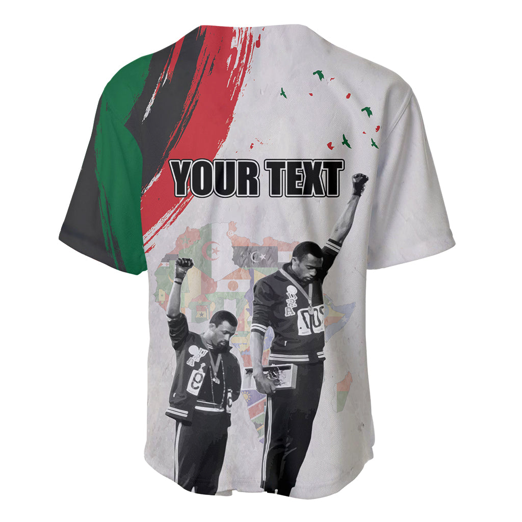 White baseball jersey back with "YOUR TEXT" over Juneteenth photo collage