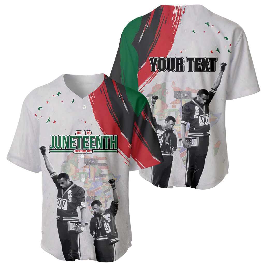 White baseball jersey set showing Juneteenth front and "YOUR TEXT" back