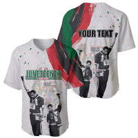 White baseball jersey set showing Juneteenth front and "YOUR TEXT" back