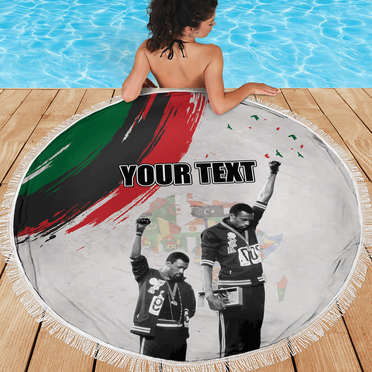 Round beach blanket with fringe edge, 'YOUR TEXT' portrait print on light background