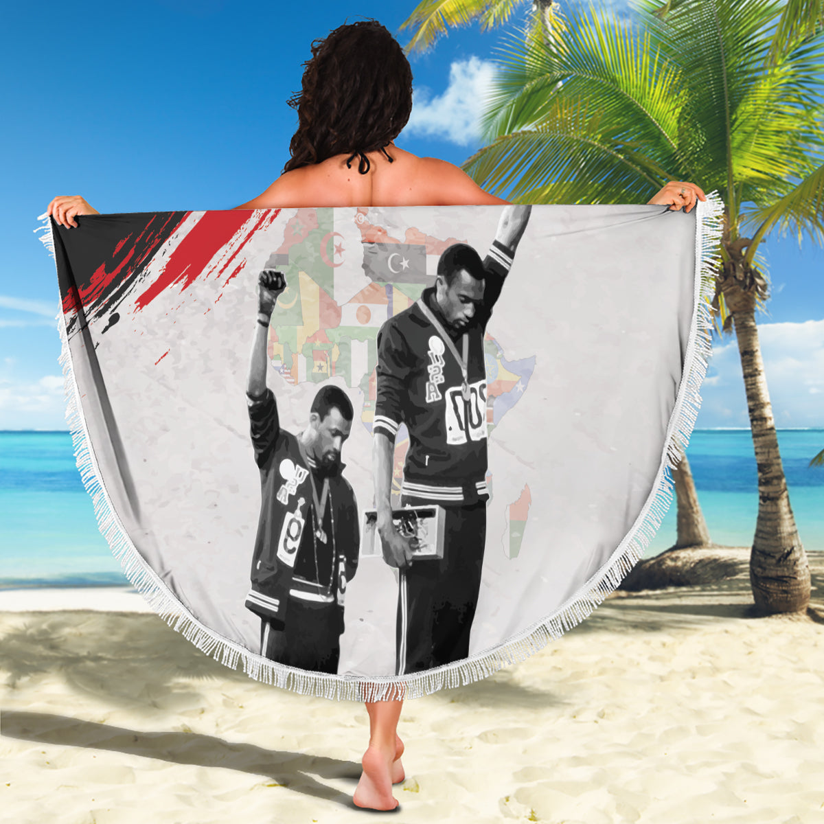 Round beach blanket with fringe edge, portrait print with 'YOUR TEXT' and red/green brushstrokes