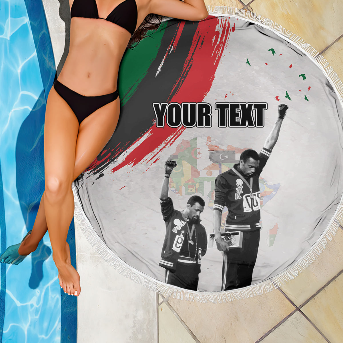 Round beach blanket with fringe edge, 'YOUR TEXT' portrait print on poolside surface