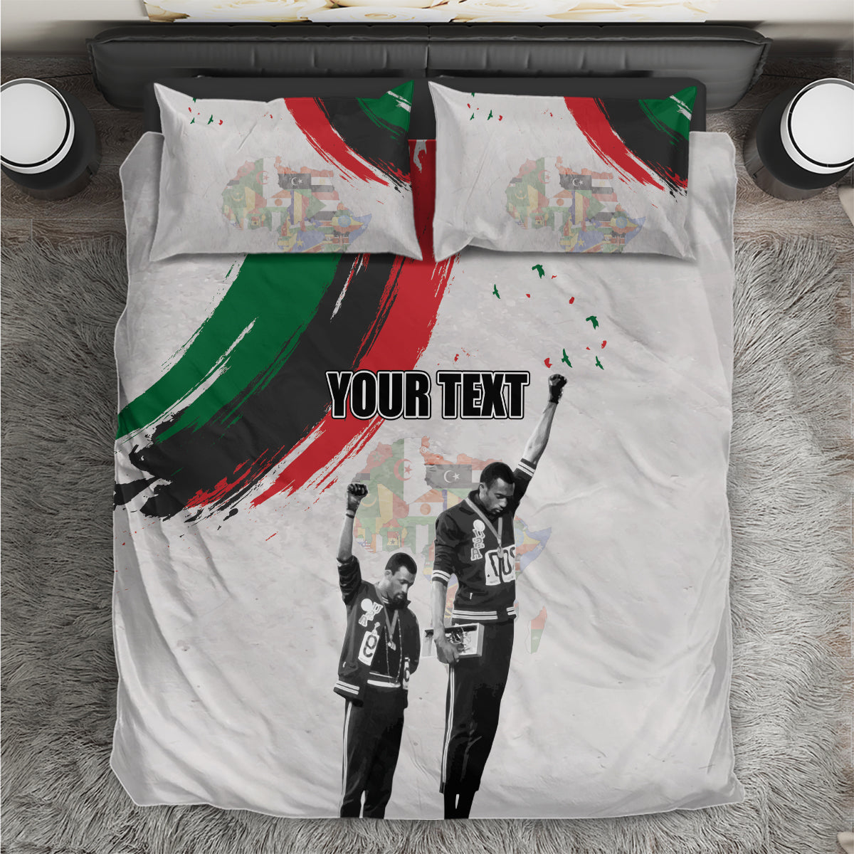 White Juneteenth bedding set with red and green brush strokes, black-and-white figures, “YOUR TEXT”
