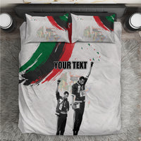 White Juneteenth bedding set with red and green brush strokes, black-and-white figures, “YOUR TEXT”