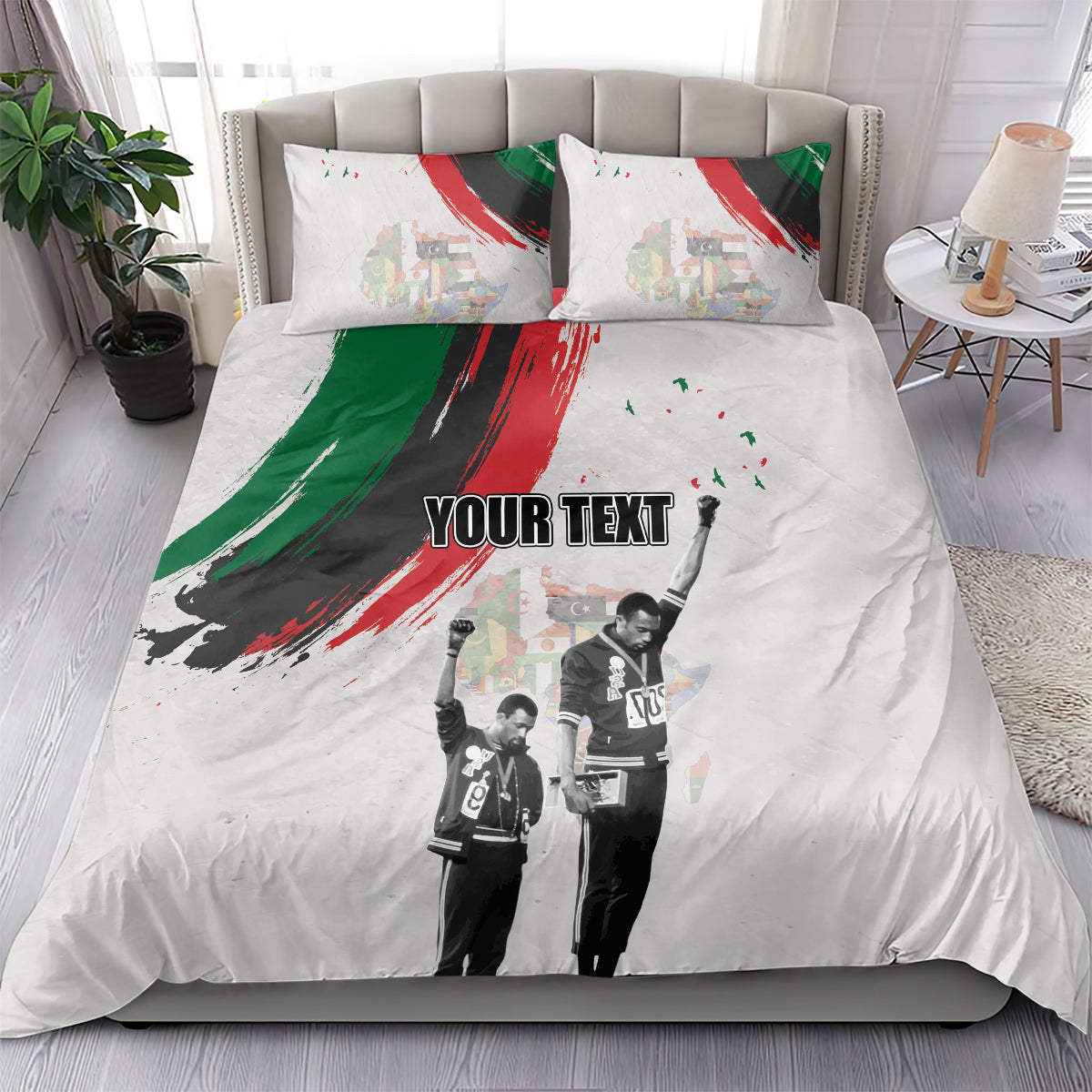 White bedding set with “YOUR TEXT” over black-and-white Juneteenth figures and red/green strokes