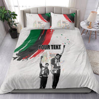 White bedding set with “YOUR TEXT” over black-and-white Juneteenth figures and red/green strokes