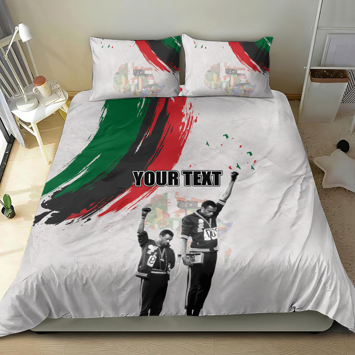 White bedding set featuring “YOUR TEXT” and black-and-white figures with red and green streaks